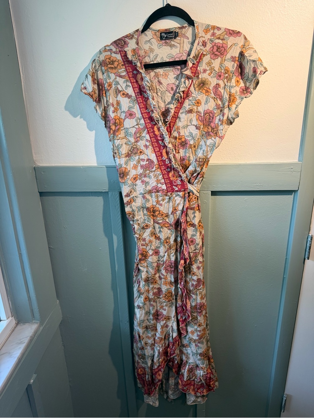 Floral Wrap Maxi Dress in Cream with Pink Accents